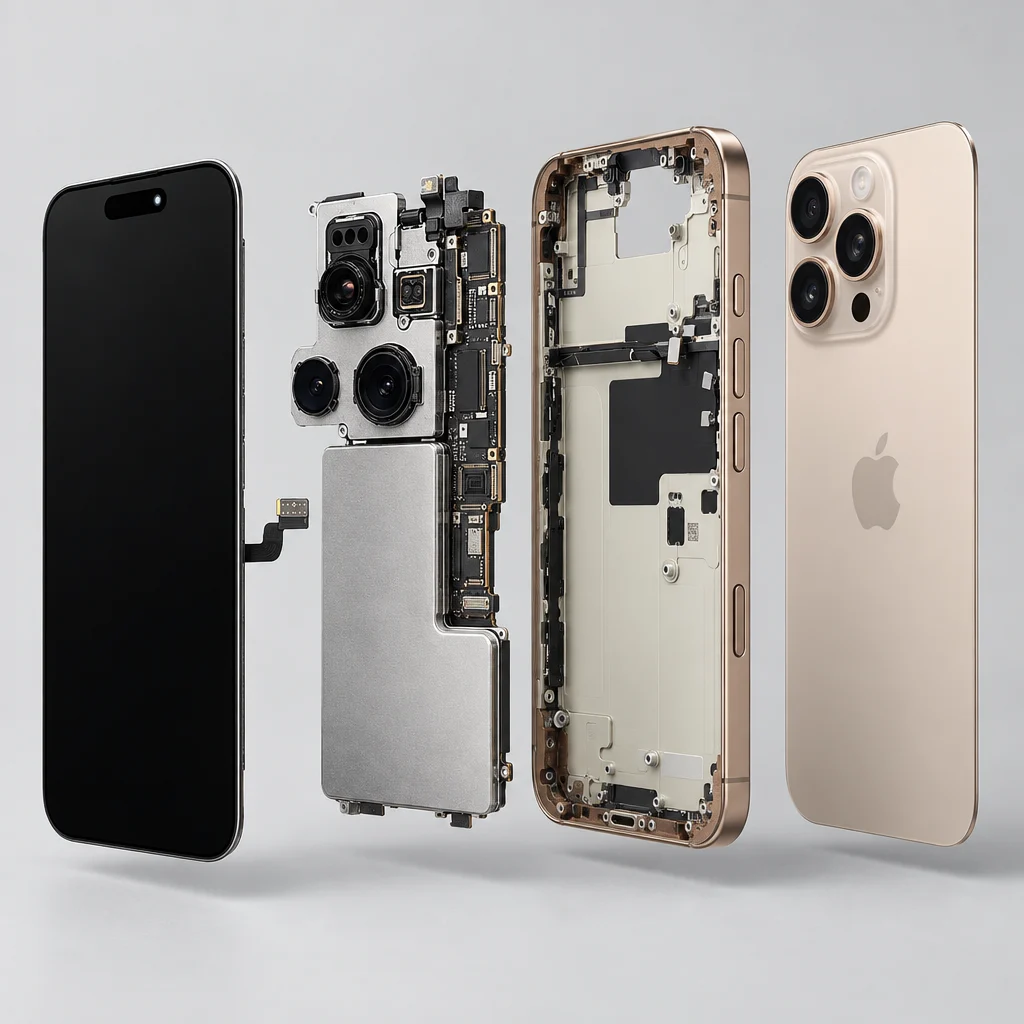Разглобен iPhone 16 Pro: дисплей, батерия, камера, платка, рамка и задно стъкло — илюстрация