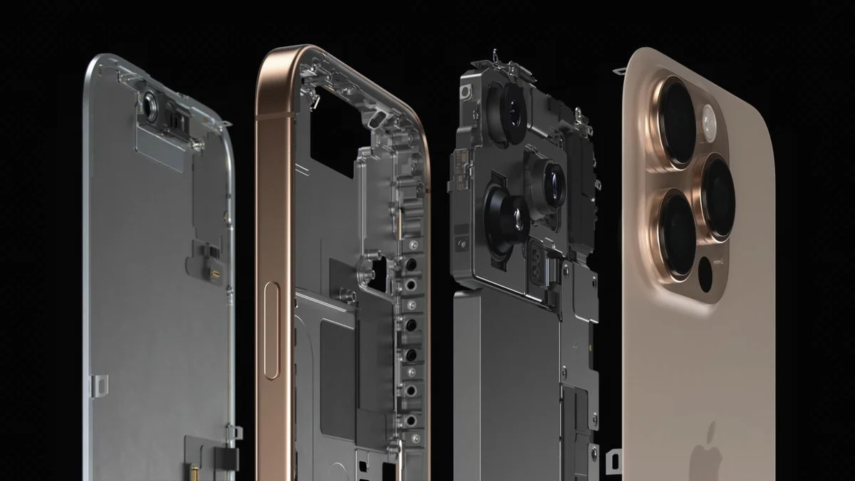 Разглобен iPhone 16 Pro: рамка, вътрешности и заден капак — изображение на производителя